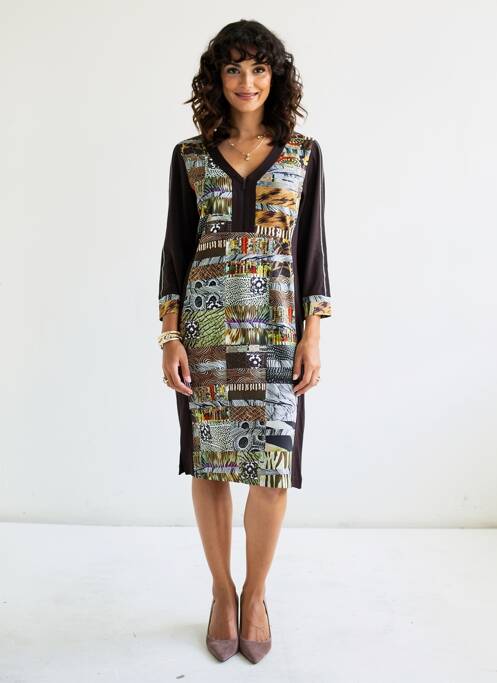 Robe mi-longue imprimé fantaisie manches longues noir DOLCEZZA femme