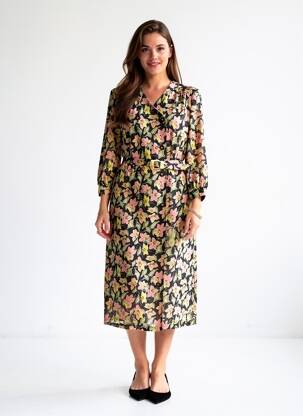 Robe mi-longue imprimé fleurs manches longues noir CAVITA femme