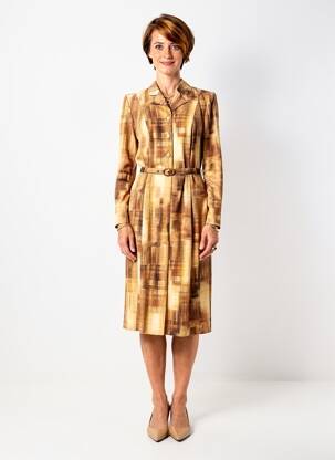 Robe mi-longue imprimé fantaisie manches longues marron LISA CHESNAY femme