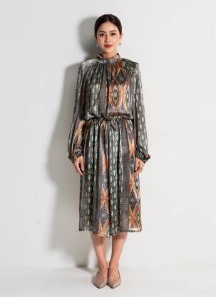 Robe mi-longue coupe fluide manches longues gris SUMMUM femme