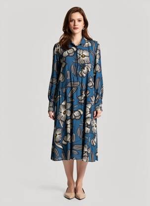 Robe mi-longue coupe fluide manches longues bleu HARTFORD femme