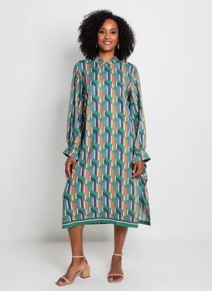 Robe mi-longue coupe fluide manches longues vert RIVER WOODS femme