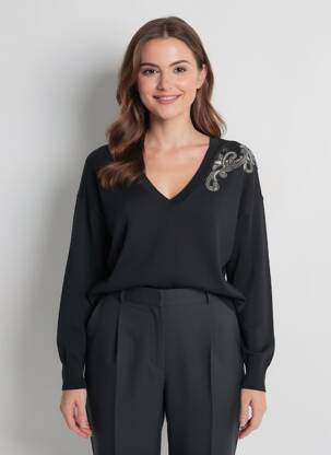 Pull col v manches longues noir LIU JO femme