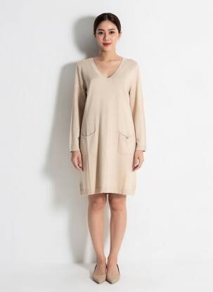 Robe pull col v manches longues beige MD'M femme