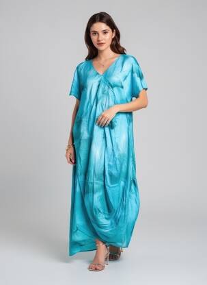 Robe longue manches courtes manches courtes bleu OZAI N KU femme