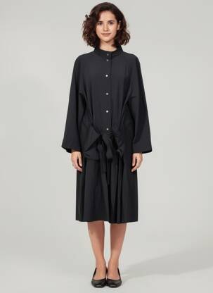 Robe mi-longue tissage crêpe manches longues noir CPC femme