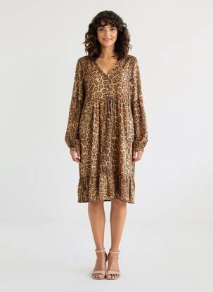 Robe mi-longue coupe fluide manches longues marron EVA KAYAN femme