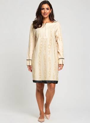 Robe mi-longue imprimé fantaisie manches longues beige ELISA CAVALETTI femme