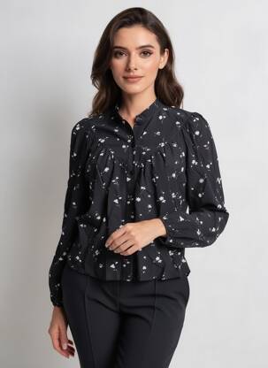 Chemisier imprimé fleurs manches longues noir LA FEE MARABOUTEE femme