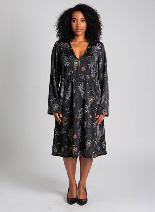Robe mi-longue imprimé fantaisie manches longues noir SURKANA femme