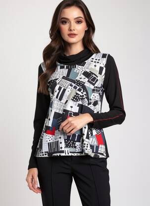 Top imprimé fantaisie manches longues noir DOLCEZZA femme