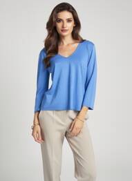Pull coupe cintrée manches longues bleu MAJESTIC FILATURES femme