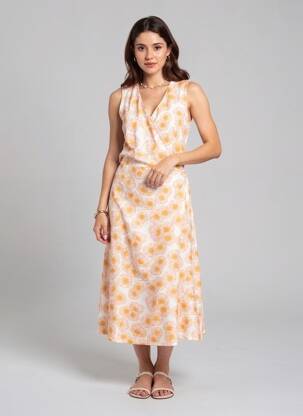 Robe longue imprimé fantaisie sans manche jaune MAJESTIC FILATURES femme