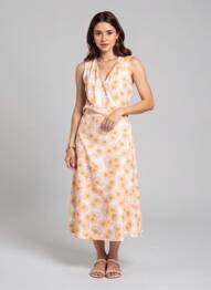 Robe longue imprimé fantaisie sans manche jaune MAJESTIC FILATURES femme