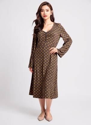 Robe mi-longue imprimé fantaisie manches longues marron WHO'S THAT GIRL femme