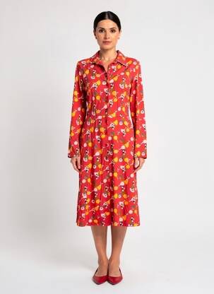 Robe mi-longue imprimé fleurs manches longues orange WHO'S THAT GIRL femme