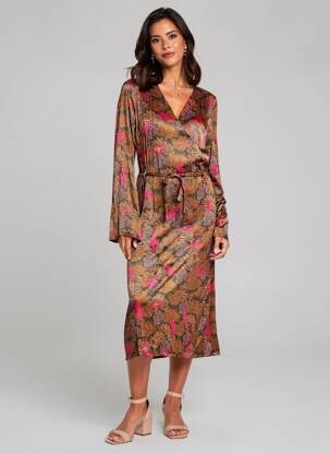 Robe mi-longue imprimé fleurs manches longues marron WOW TO GO femme