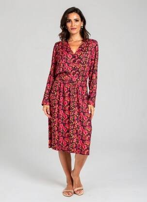 Robe mi-longue imprimé fantaisie manches longues rose WOW TO GO femme