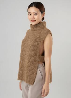 Pull col roulé coupe droite sans manche marron MOLLY BRACKEN femme