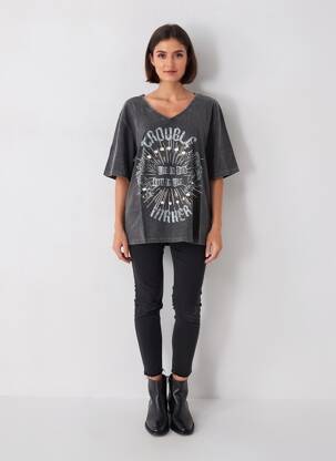 T-shirt imprimé fantaisie manches courtes noir ROSE GARDEN femme