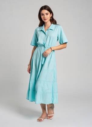 Robe mi-longue manches courtes manches courtes bleu POMODORO femme
