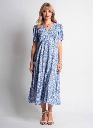 Robe mi-longue imprimé fleurs manches courtes bleu POMODORO femme