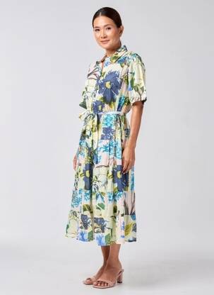 Robe mi-longue imprimé fleurs manches courtes bleu POMODORO femme