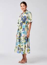 Robe mi-longue imprimé fleurs manches courtes bleu POMODORO femme
