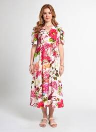 Robe mi-longue imprimé fleurs manches courtes rouge POMODORO femme
