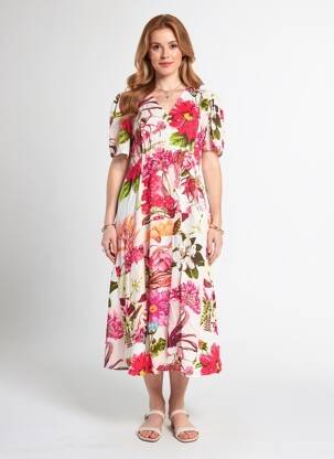 Robe mi-longue imprimé fleurs manches courtes rouge POMODORO femme