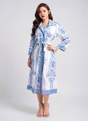 Robe mi-longue imprimé fleurs manches 3/4 bleu POMODORO femme