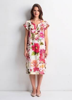 Robe mi-longue imprimé fleurs manches courtes rose POMODORO femme