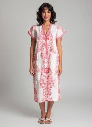 Robe mi-longue imprimé fleurs manches courtes rose POMODORO femme