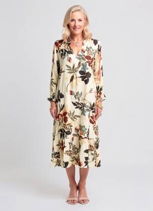 Robe mi-longue imprimé fleurs manches longues beige POMODORO femme