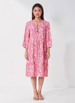 Robe mi-longue coupe fluide manches 3/4 rose POMODORO femme