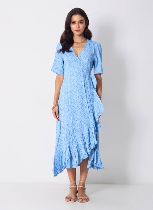 Robe mi-longue tissage crêpe manches courtes bleu POMODORO femme