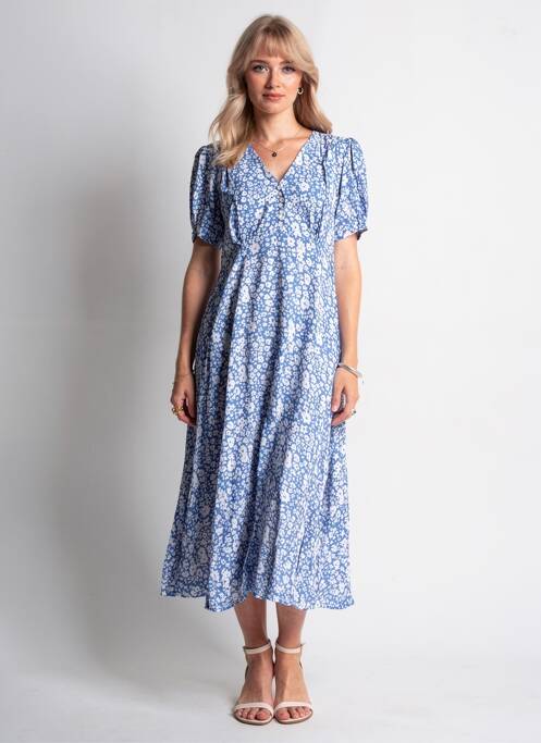 Robe mi-longue imprimé fleurs manches courtes bleu POMODORO femme