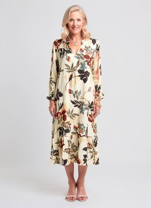Robe mi-longue imprimé fleurs manches longues beige POMODORO femme
