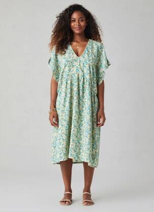 Robe mi-longue imprimé fleurs manches courtes bleu LE TEMPS DES CERISES femme