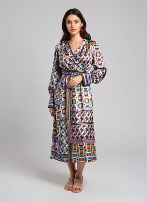 Robe mi-longue imprimé fantaisie manches longues noir SUNCOO femme