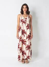 Robe longue imprimé fantaisie fines bretelles beige IKKS femme