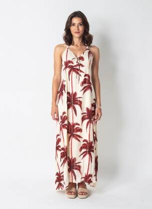 Robe longue imprimé fantaisie fines bretelles beige IKKS femme