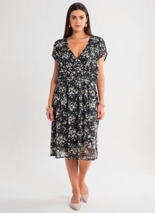 Robe mi-longue imprimé fleurs manches courtes noir SCOTCH & SODA femme