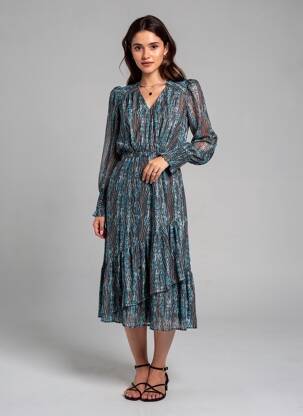 Robe mi-longue imprimé fantaisie manches longues noir SUNCOO femme