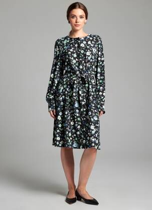 Robe mi-longue imprimé fantaisie manches longues noir SELECTED femme
