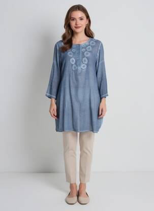 Tunique manches longues légère et transparente bleu ICONIQUE femme
