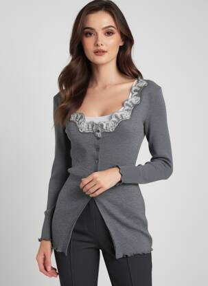 Gilet manches longues col rond gris LISANZA femme