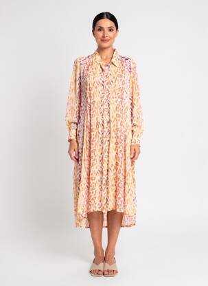 Robe mi-longue coupe fluide manches longues beige POMODORO femme