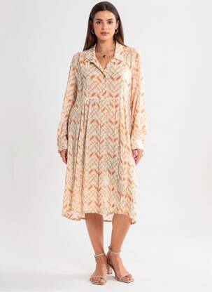 Robe mi-longue coupe fluide manches longues beige POMODORO femme