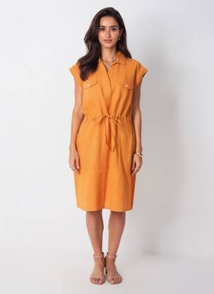 Robe mi-longue tissage crêpe manches courtes orange POMODORO femme